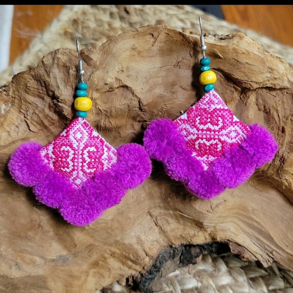 Fair Trade Purple PonPom Earrings, Hmong Tribe Embroidered, Artisan - Picture 1 of 5
